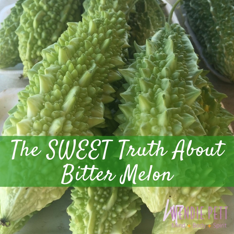 Close up of a bunch of bitter melon overlaid with text that reads, "The SWEET Truth About Bitter Melon"