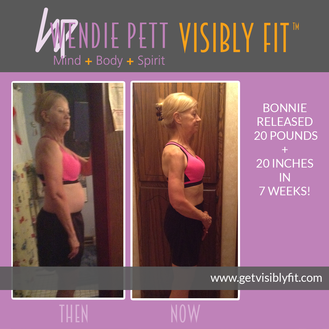 Visibly Fit™ before and after photos of Bonnie who lost 20 pounds and 20 inches in 7 weeks.