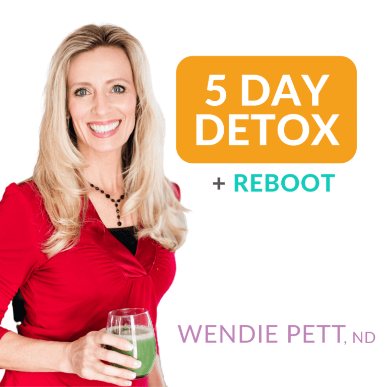 Wendie Pett ND holding a green drink next to her name and the logo for the 5 Day Detox + Reboot