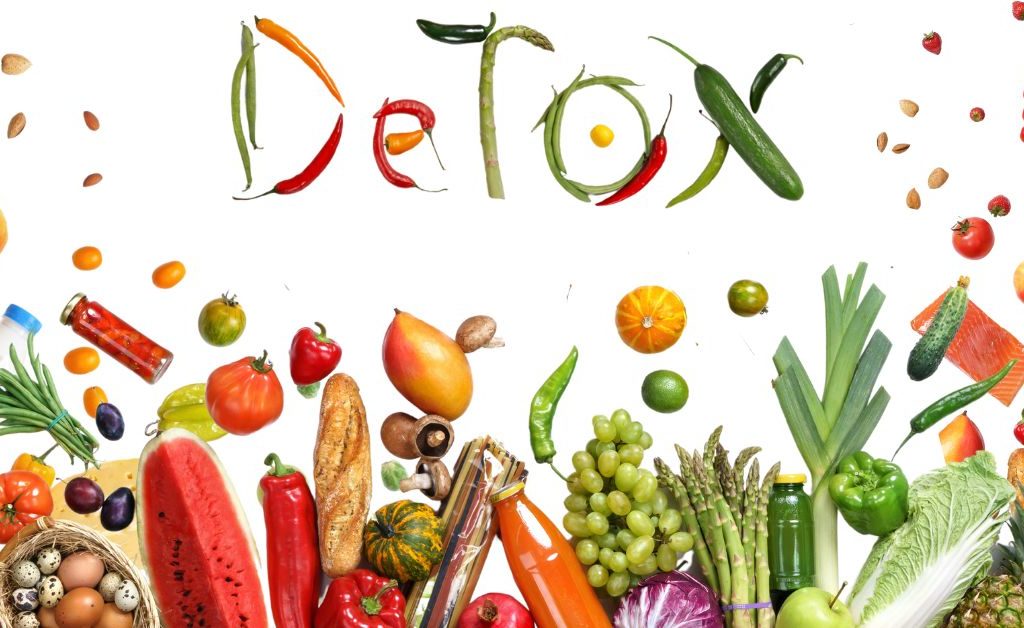 Lots of produce with some spelling out the word detox