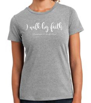 A woman's t-shirt that reads I Walk By Faith 2 Corinthians 5:7 #WalkItOffNow to represent how to Get Visibly Fit™ in body, mind and spirit with Dr Wendie Pett ND.
